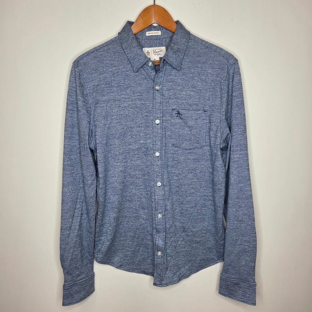 Original Penguin Heritage Slim Fit Blue Heathered Knit Button Down Shirt Mens M